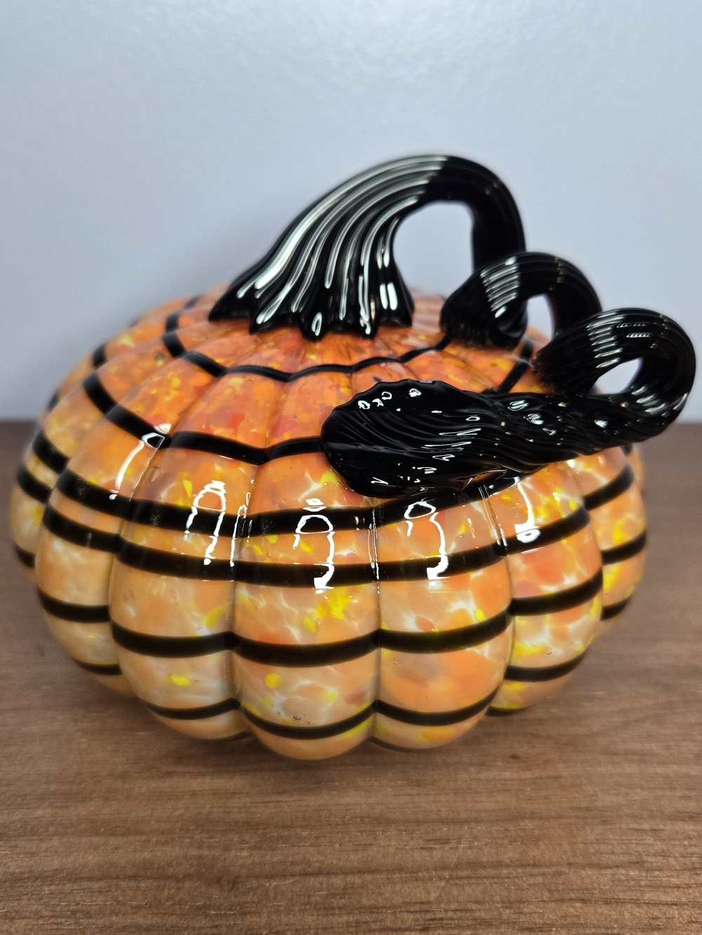 Hand Blown Glass Pumpkin Orange Splash, Black Swirl - Beautiful Fall Decor 4x5"